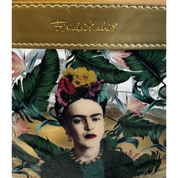 Frida Kahlo Tropical Floral Pouch – Gold Trim Makeup Bag - Picture 4 of 6